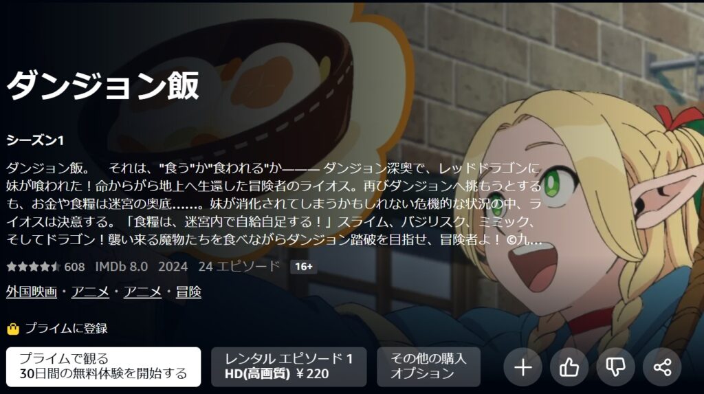 ダンジョン飯 AmazonPrimeVideo